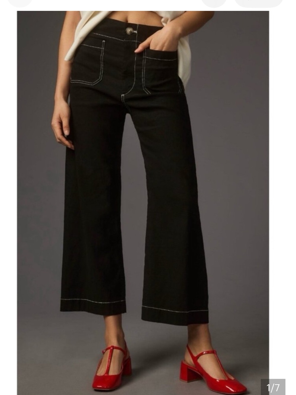 RARE Maeve Black Wide-Leg Crop Pants with White Stitching, Pull-on, Side Zipper